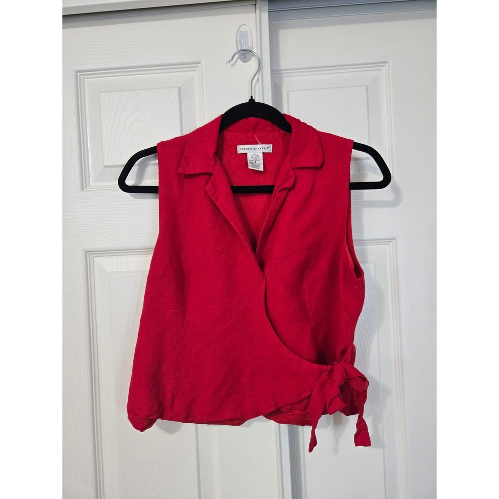 Marconi Red Linen Blend Sleeveless Wrap Top Notched Collar Size 4 Tie Side